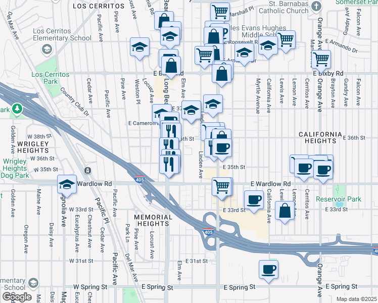 map of restaurants, bars, coffee shops, grocery stores, and more near 3510 Elm Avenue in Long Beach