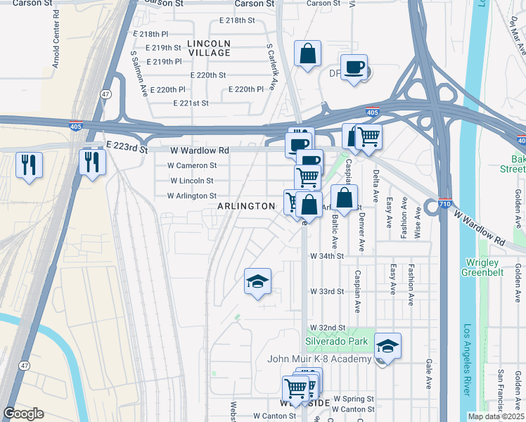 map of restaurants, bars, coffee shops, grocery stores, and more near 3695 Santa Fe Avenue in Long Beach