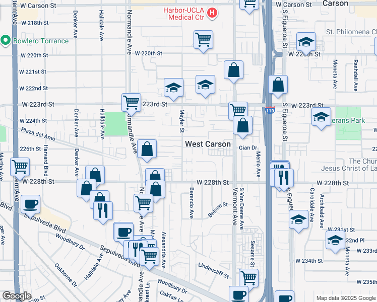 map of restaurants, bars, coffee shops, grocery stores, and more near 22616 Meyler Street in Torrance
