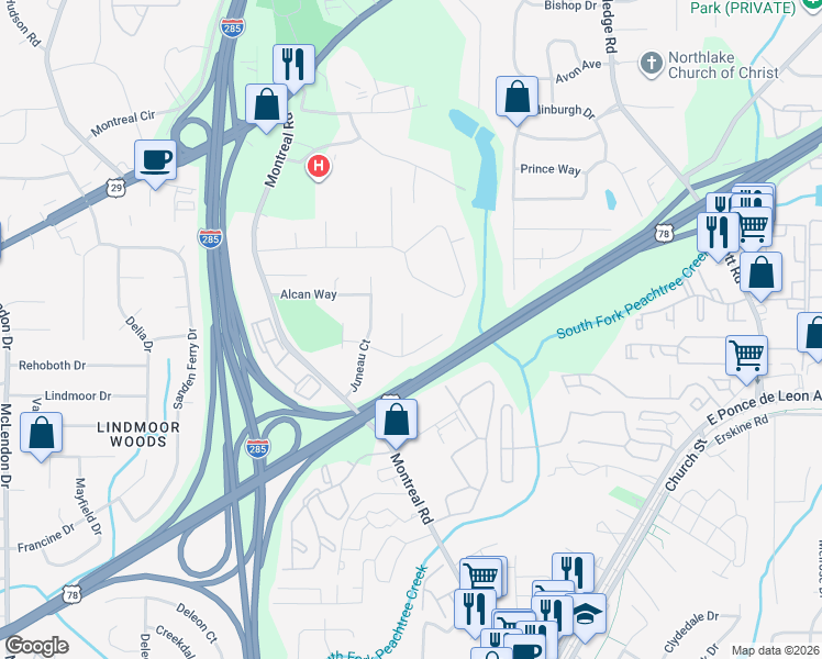 map of restaurants, bars, coffee shops, grocery stores, and more near 3533 Montreal Way in Tucker
