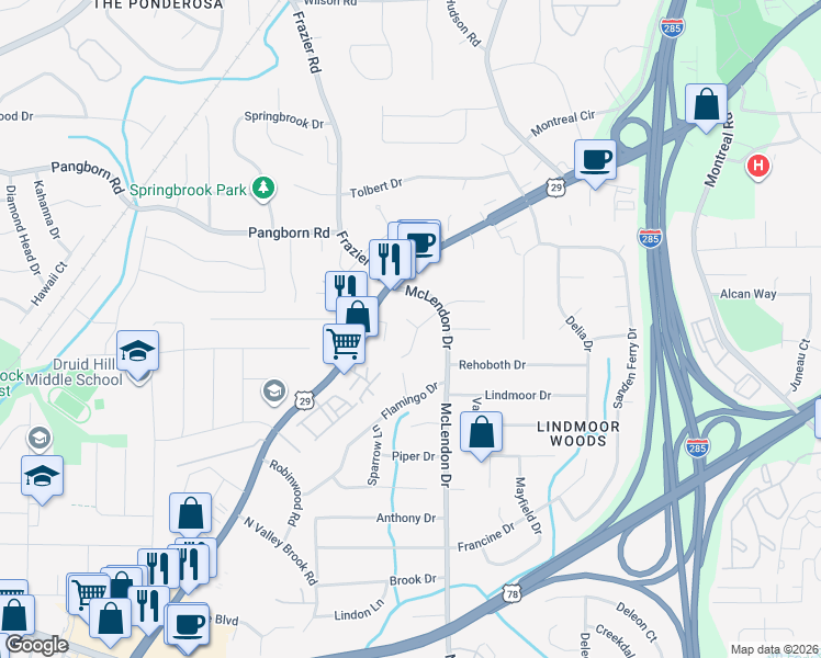 map of restaurants, bars, coffee shops, grocery stores, and more near 1362 Camden Walk in Decatur