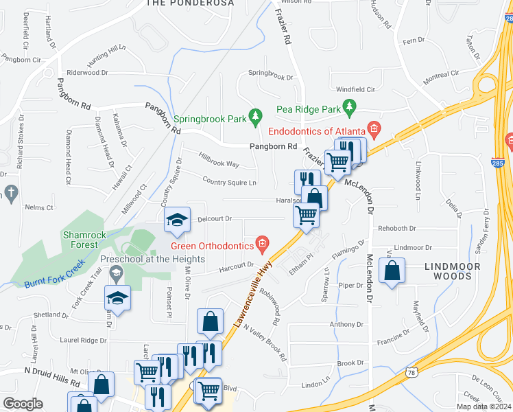 map of restaurants, bars, coffee shops, grocery stores, and more near 2947 Delcourt Drive in Decatur