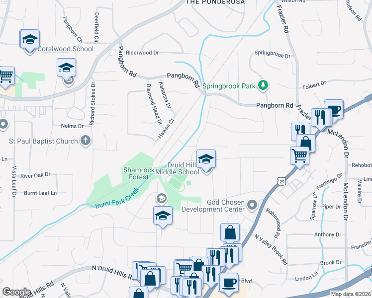 map of restaurants, bars, coffee shops, grocery stores, and more near 2801 Millwood Way in Decatur