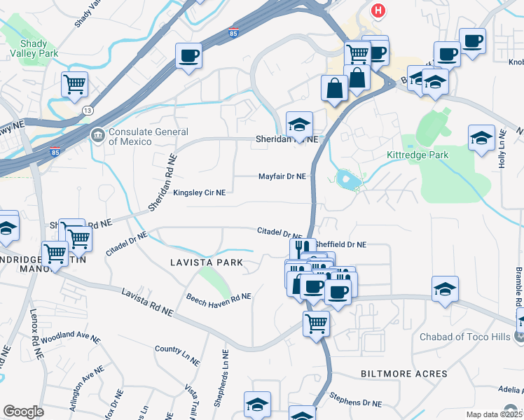 map of restaurants, bars, coffee shops, grocery stores, and more near 1263 Hopkins Terrace Northeast in Atlanta