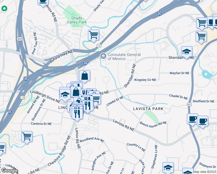 map of restaurants, bars, coffee shops, grocery stores, and more near 1535 Sheridan Walk Northeast in Atlanta