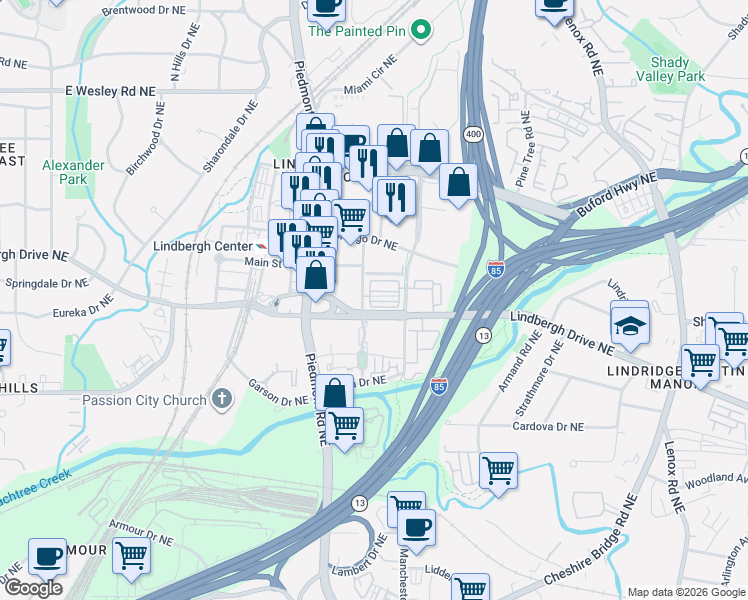 map of restaurants, bars, coffee shops, grocery stores, and more near 2399-2301 East Lindmont Court Northeast in Atlanta