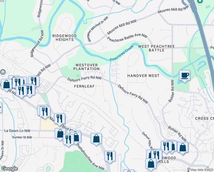 map of restaurants, bars, coffee shops, grocery stores, and more near 2461 Fernleaf Court Northwest in Atlanta