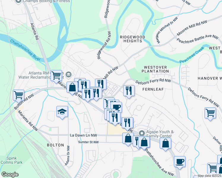 map of restaurants, bars, coffee shops, grocery stores, and more near 2411 Coronet Way Northwest in Atlanta