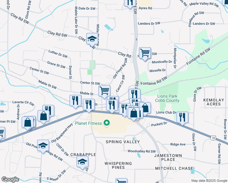 map of restaurants, bars, coffee shops, grocery stores, and more near 5443 Blossomwood Trail Southwest in Mableton