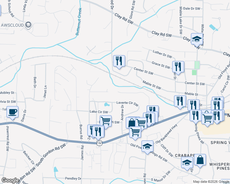 map of restaurants, bars, coffee shops, grocery stores, and more near 1360 Vonda Lane Southwest in Mableton