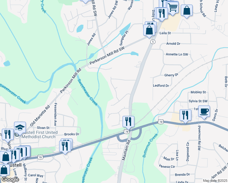 map of restaurants, bars, coffee shops, grocery stores, and more near 3110 Cambrian Terrace in Austell