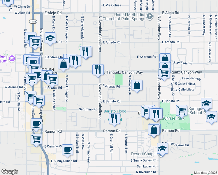 map of restaurants, bars, coffee shops, grocery stores, and more near 1010 Villorrio Drive West in Palm Springs