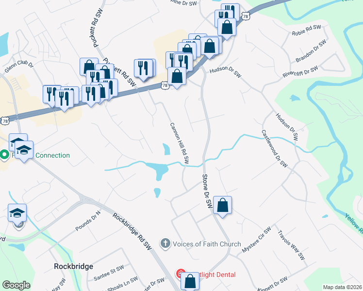 map of restaurants, bars, coffee shops, grocery stores, and more near 2209 Cannon Hill Road Southwest in Lilburn