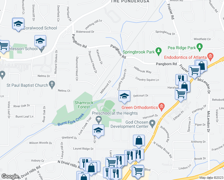 map of restaurants, bars, coffee shops, grocery stores, and more near 2801 Millwood Way in Decatur