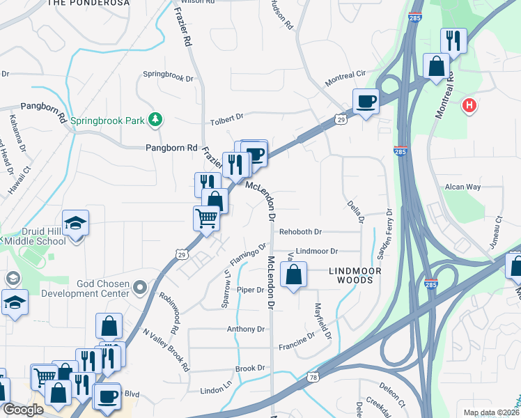 map of restaurants, bars, coffee shops, grocery stores, and more near 1402 McLendon Drive in Decatur