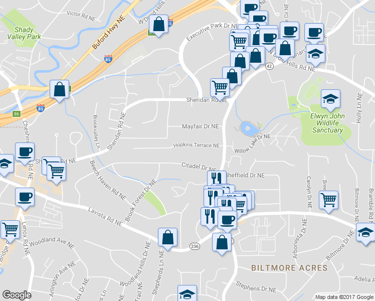 map of restaurants, bars, coffee shops, grocery stores, and more near 1263 Hopkins Terrace Northeast in Atlanta