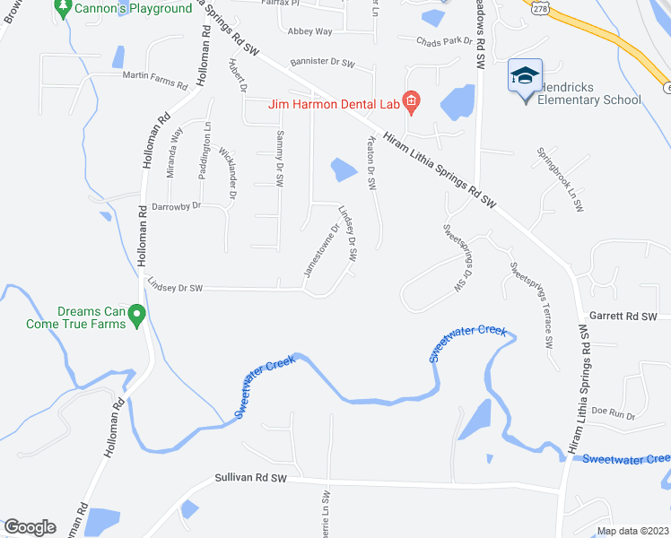 map of restaurants, bars, coffee shops, grocery stores, and more near 4486 Lindsey Drive Southwest in Powder Springs