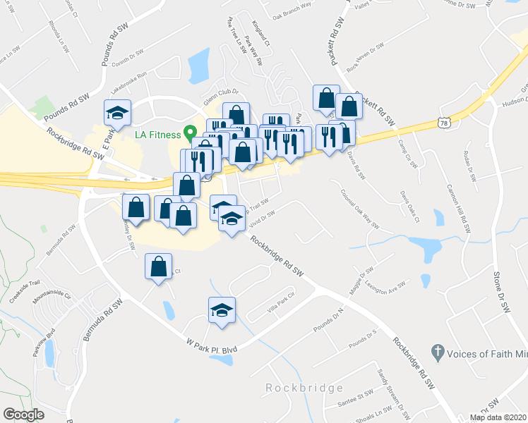 map of restaurants, bars, coffee shops, grocery stores, and more near 5241 Vivid Drive Southwest in Stone Mountain
