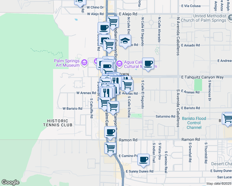 map of restaurants, bars, coffee shops, grocery stores, and more near S Indian Canyon Dr & E Arenas Rd in Palm Springs