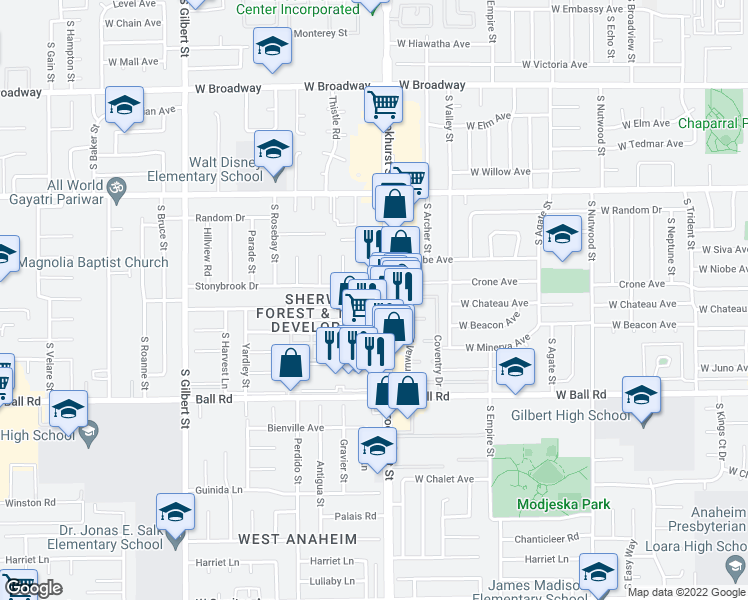 map of restaurants, bars, coffee shops, grocery stores, and more near 807 South Brookhurst Street in Anaheim