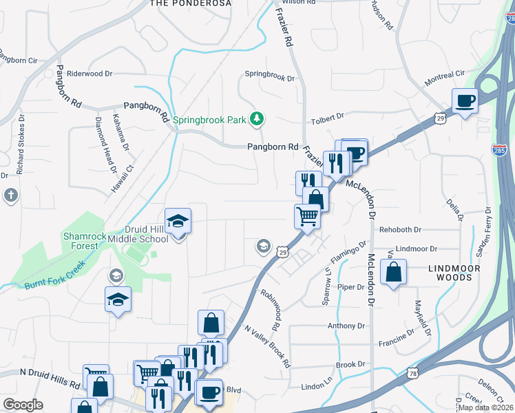 map of restaurants, bars, coffee shops, grocery stores, and more near 2947 Delcourt Drive in Decatur