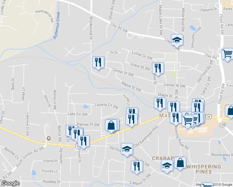 map of restaurants, bars, coffee shops, grocery stores, and more near 1239 Vonda Lane Southwest in Mableton