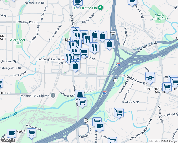 map of restaurants, bars, coffee shops, grocery stores, and more near 2399-2301 East Lindmont Court Northeast in Atlanta