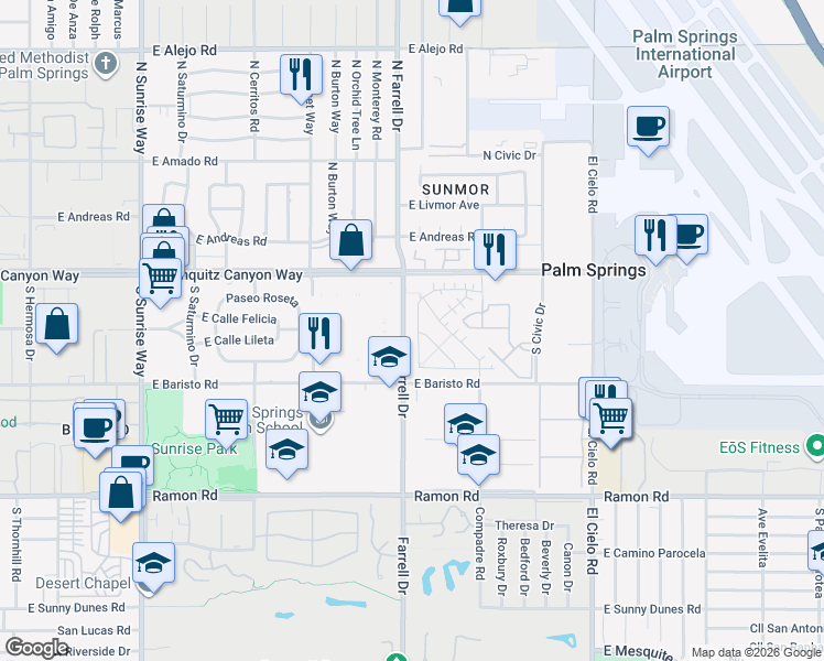 map of restaurants, bars, coffee shops, grocery stores, and more near 157 Blue Moon Drive in Palm Springs