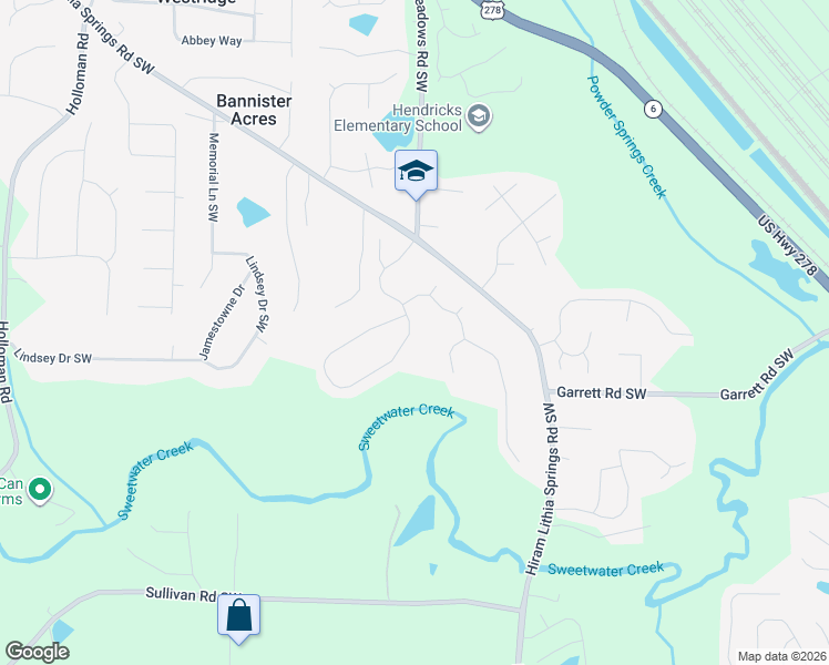 map of restaurants, bars, coffee shops, grocery stores, and more near 5433 Sweetsprings Drive Southwest in Powder Springs