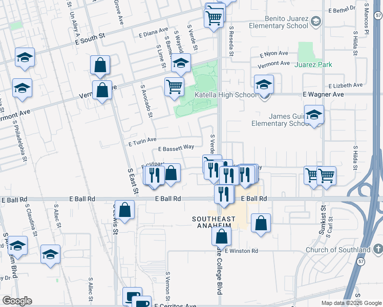 map of restaurants, bars, coffee shops, grocery stores, and more near 1813 East Alcove Way in Anaheim
