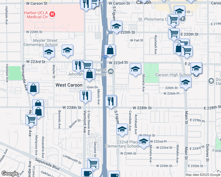map of restaurants, bars, coffee shops, grocery stores, and more near 22539 South Figueroa Street in Carson