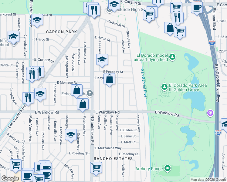 map of restaurants, bars, coffee shops, grocery stores, and more near 3549 Roxanne Avenue in Long Beach