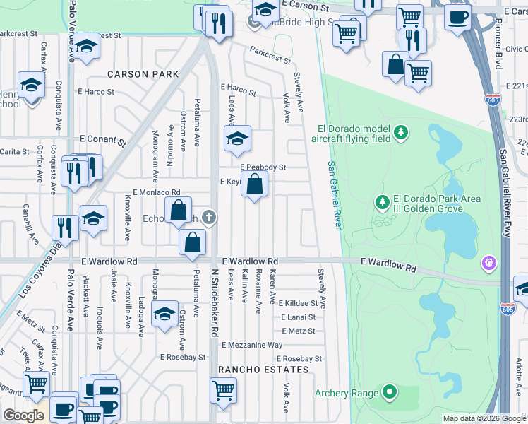 map of restaurants, bars, coffee shops, grocery stores, and more near 3516 Roxanne Avenue in Long Beach