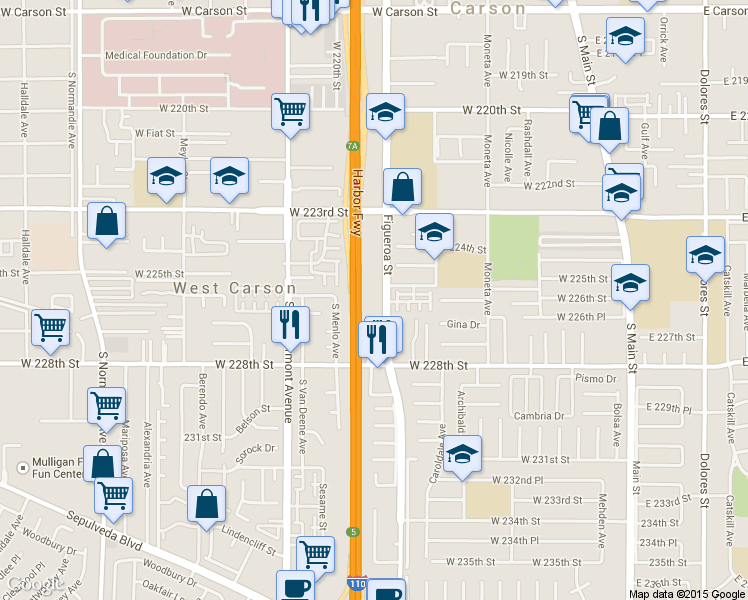 map of restaurants, bars, coffee shops, grocery stores, and more near 22511 South Figueroa Street in Carson