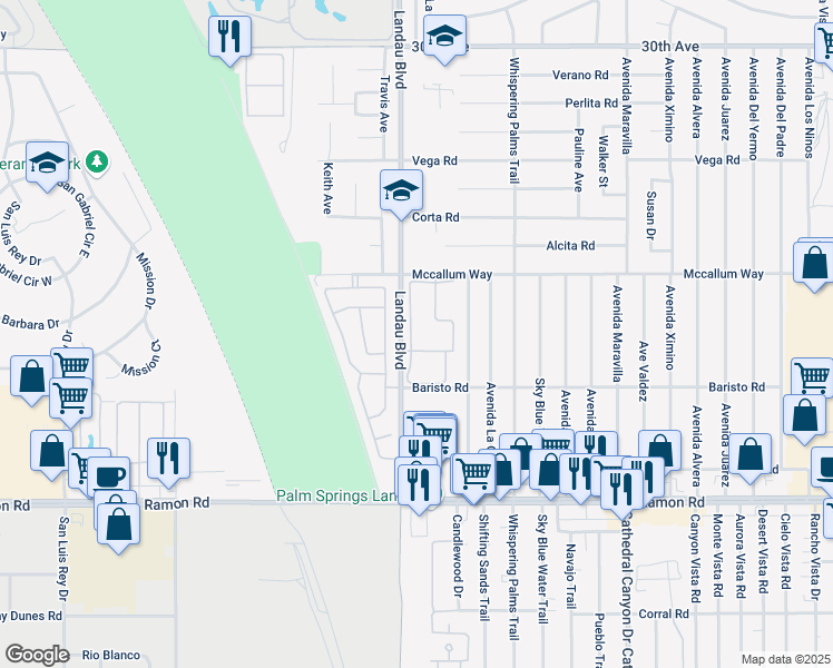 map of restaurants, bars, coffee shops, grocery stores, and more near 31200 Landau Boulevard in Cathedral City