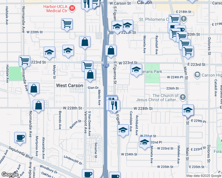 map of restaurants, bars, coffee shops, grocery stores, and more near 22539 South Figueroa Street in Carson