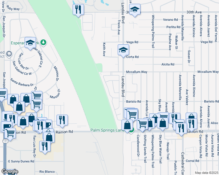 map of restaurants, bars, coffee shops, grocery stores, and more near 31260 Calle Cayuga in Cathedral City