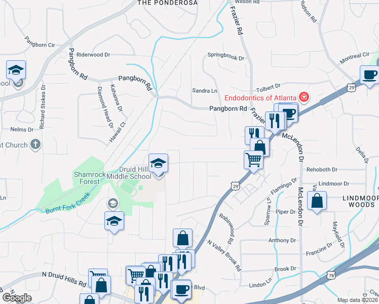 map of restaurants, bars, coffee shops, grocery stores, and more near 2905 Country Squire Lane in Decatur