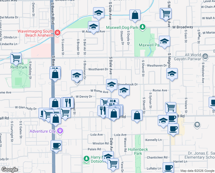 map of restaurants, bars, coffee shops, grocery stores, and more near 722 South Newcastle Drive in Anaheim