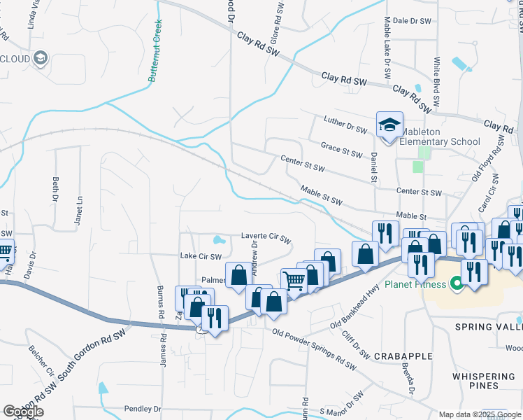 map of restaurants, bars, coffee shops, grocery stores, and more near 1349 Vonda Lane Southwest in Mableton