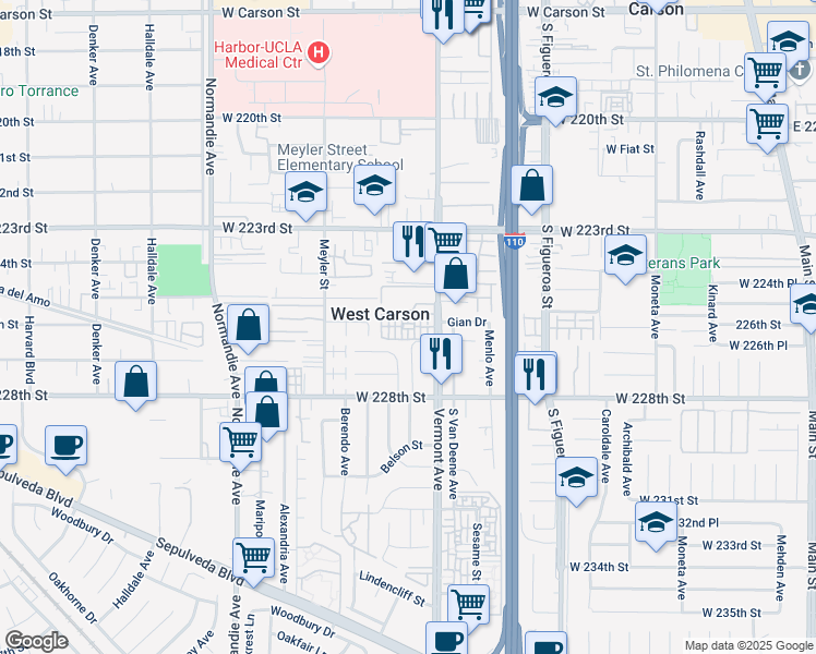 map of restaurants, bars, coffee shops, grocery stores, and more near 22533 South Vermont Avenue in Torrance