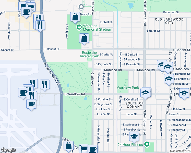 map of restaurants, bars, coffee shops, grocery stores, and more near in Long Beach