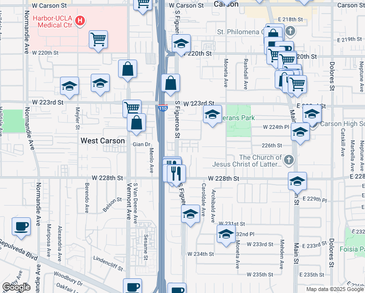 map of restaurants, bars, coffee shops, grocery stores, and more near 543 West Shadwell Street in Carson