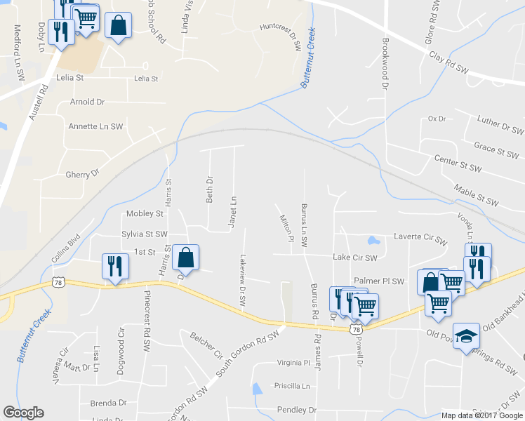 map of restaurants, bars, coffee shops, grocery stores, and more near 1552 Lake Circle Southwest in Austell