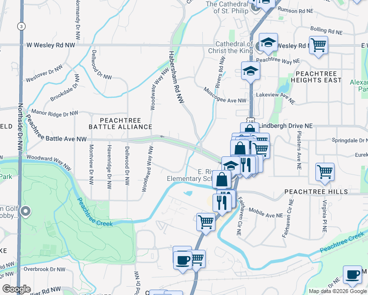 map of restaurants, bars, coffee shops, grocery stores, and more near 174 Peachtree Battle Avenue Northwest in Atlanta