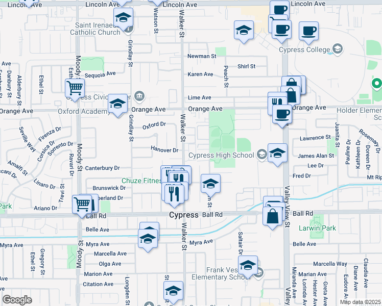 map of restaurants, bars, coffee shops, grocery stores, and more near 9642 Walker Street in Cypress
