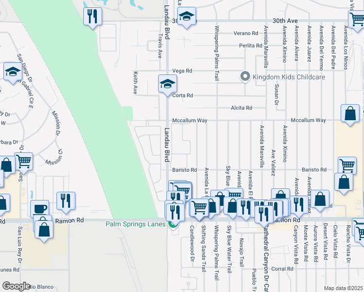 map of restaurants, bars, coffee shops, grocery stores, and more near 31200 Landau Boulevard in Cathedral City