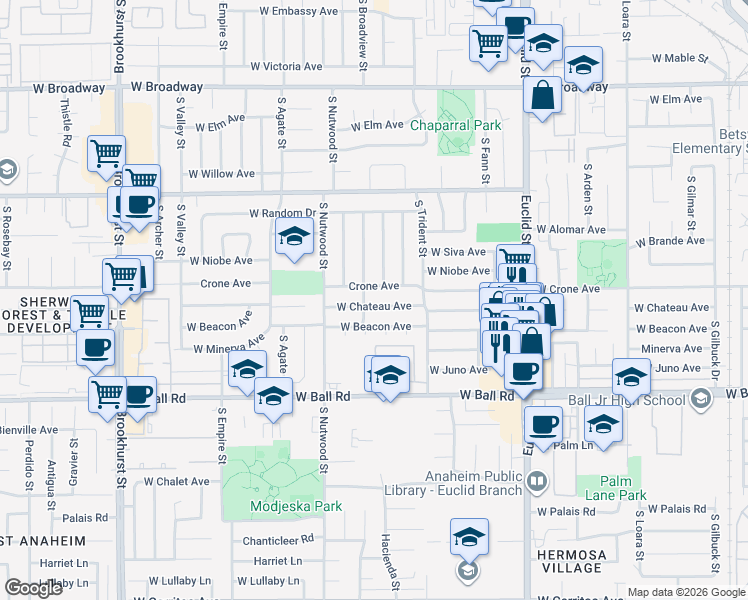 map of restaurants, bars, coffee shops, grocery stores, and more near 725 South Hacienda Street in Anaheim