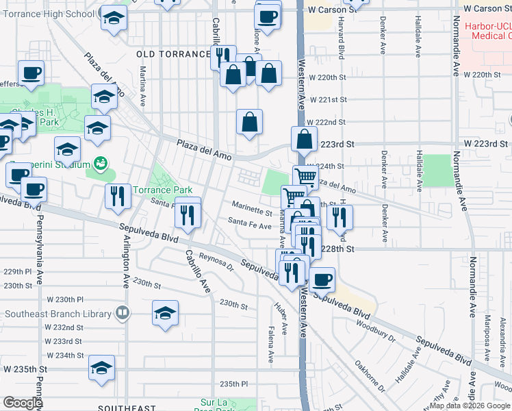map of restaurants, bars, coffee shops, grocery stores, and more near 1807 Marinette Street in Torrance