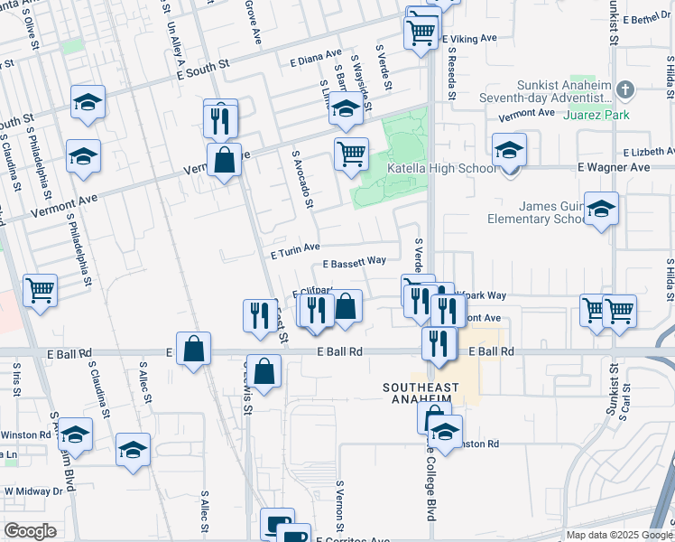 map of restaurants, bars, coffee shops, grocery stores, and more near 1406 East Turin Avenue in Anaheim